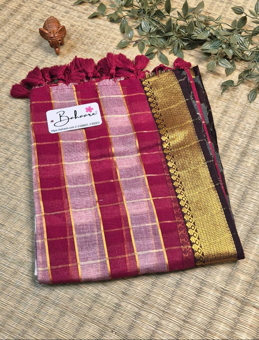 Noor | Maroon Check Mul Mul Cotton Saree with Golden Zari Border