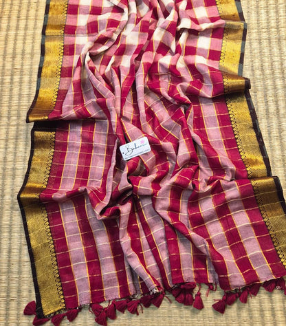 Noor | Maroon Check Mul Mul Cotton Saree with Golden Zari Border