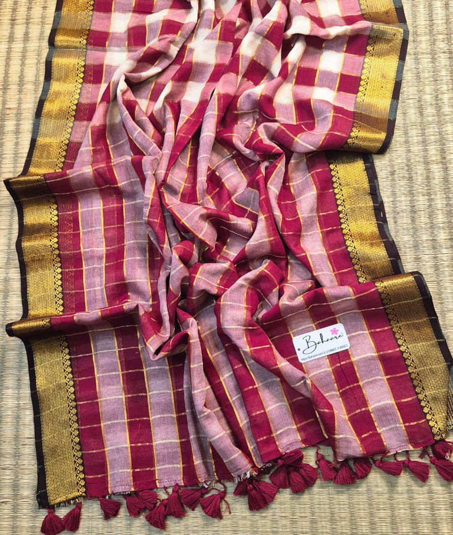 Noor | Maroon Check Mul Mul Cotton Saree with Golden Zari Border