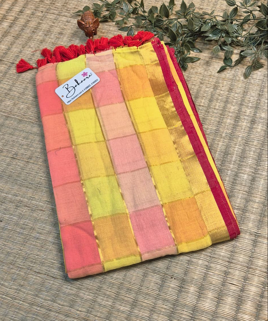 Noor | Multicoloured Check Mul Mul Cotton Saree with Golden Zari Border