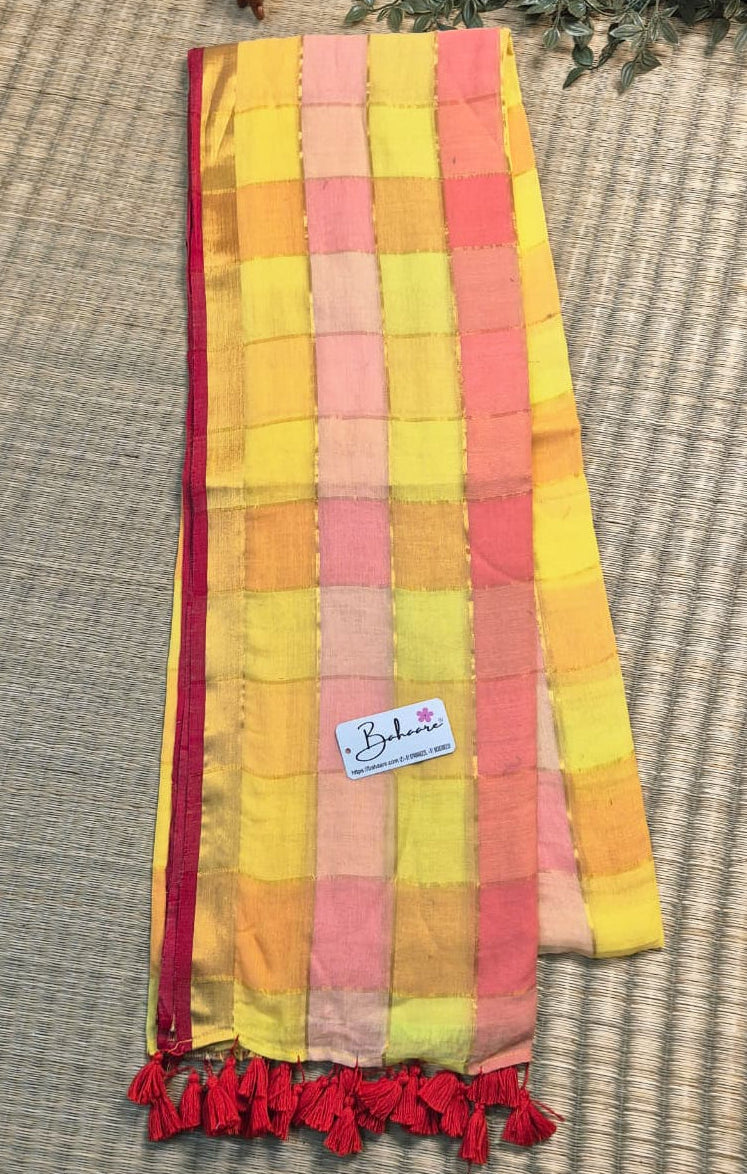 Noor | Multicoloured Check Mul Mul Cotton Saree with Golden Zari Border