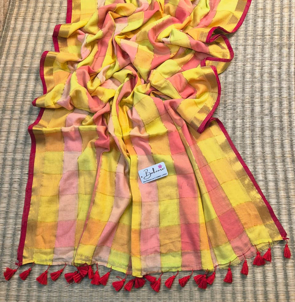 Noor | Multicoloured Check Mul Mul Cotton Saree with Golden Zari Border