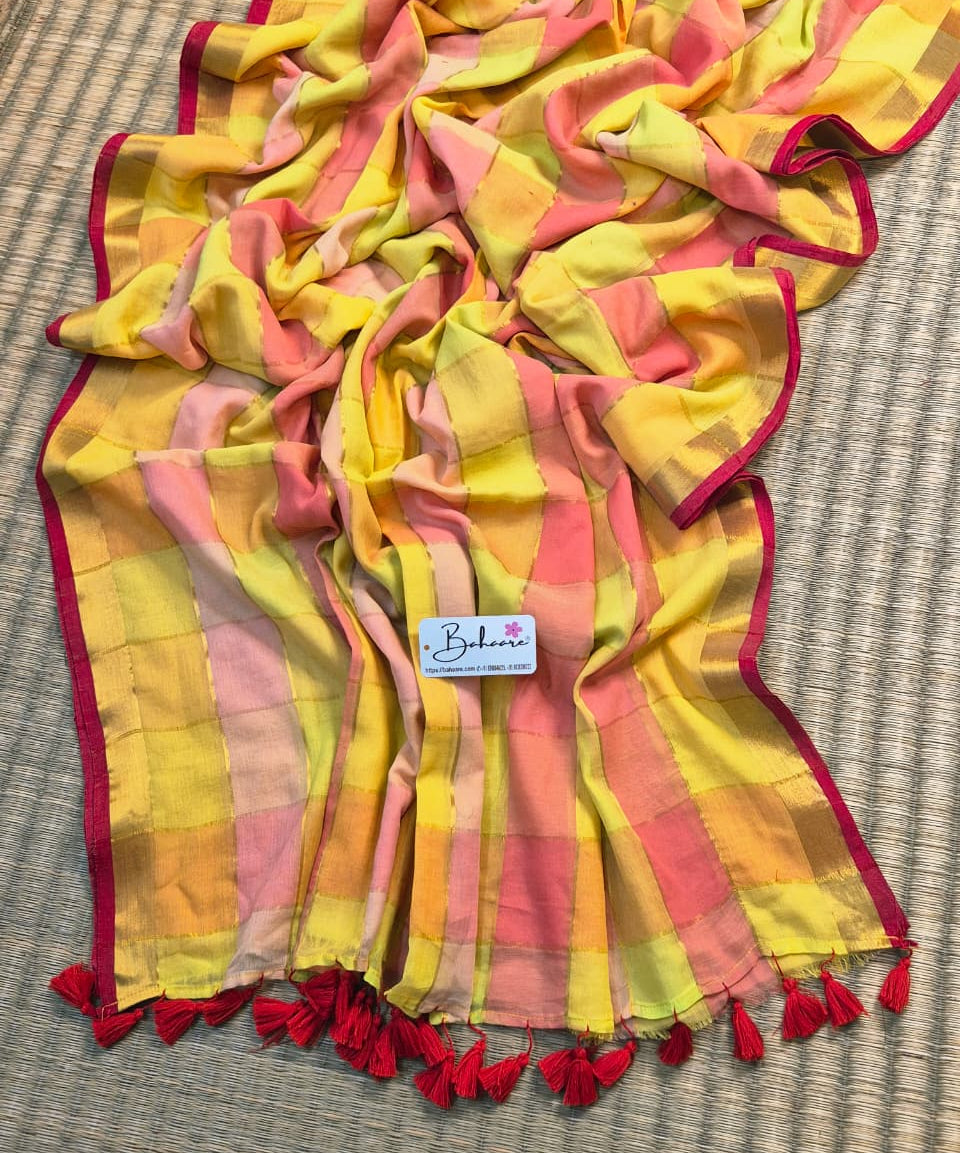 Noor | Multicoloured Check Mul Mul Cotton Saree with Golden Zari Border