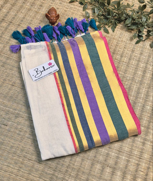 Noor | Royal Ivory Mul Mul Cotton Saree with Multicoloured Border