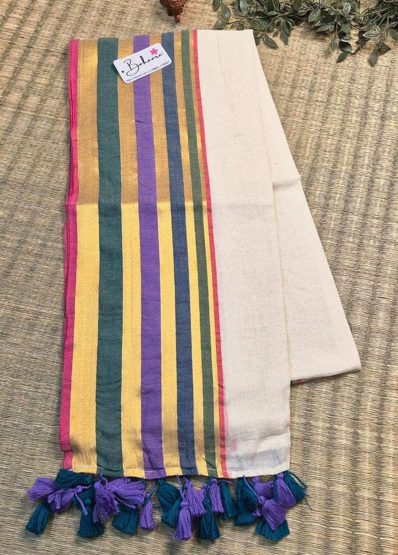 Noor | Royal Ivory Mul Mul Cotton Saree with Multicoloured Border