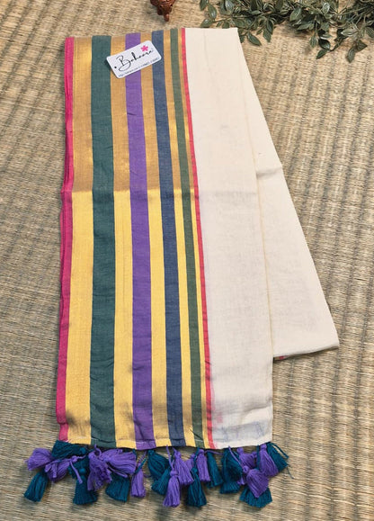 Noor | Royal Ivory Mul Mul Cotton Saree with Multicoloured Border