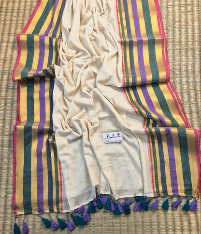 Noor | Royal Ivory Mul Mul Cotton Saree with Multicoloured Border