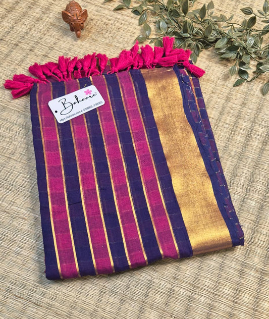Noor | Purple and Rani Pink Check Mul Mul Cotton Saree with Golden Zari Border