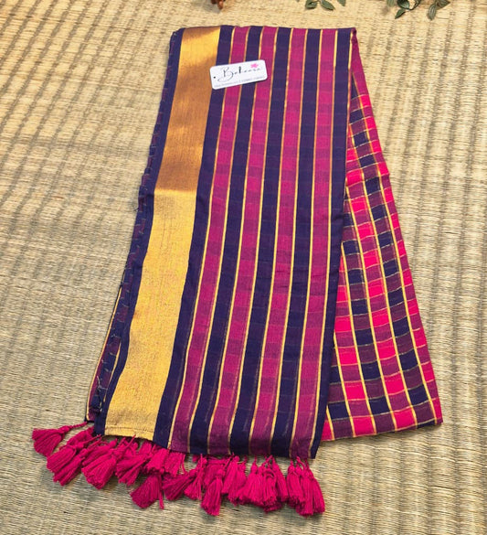 Noor | Purple and Rani Pink Check Mul Mul Cotton Saree with Golden Zari Border