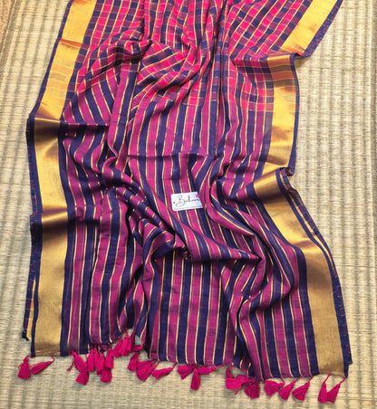 Noor | Purple and Rani Pink Check Mul Mul Cotton Saree with Golden Zari Border