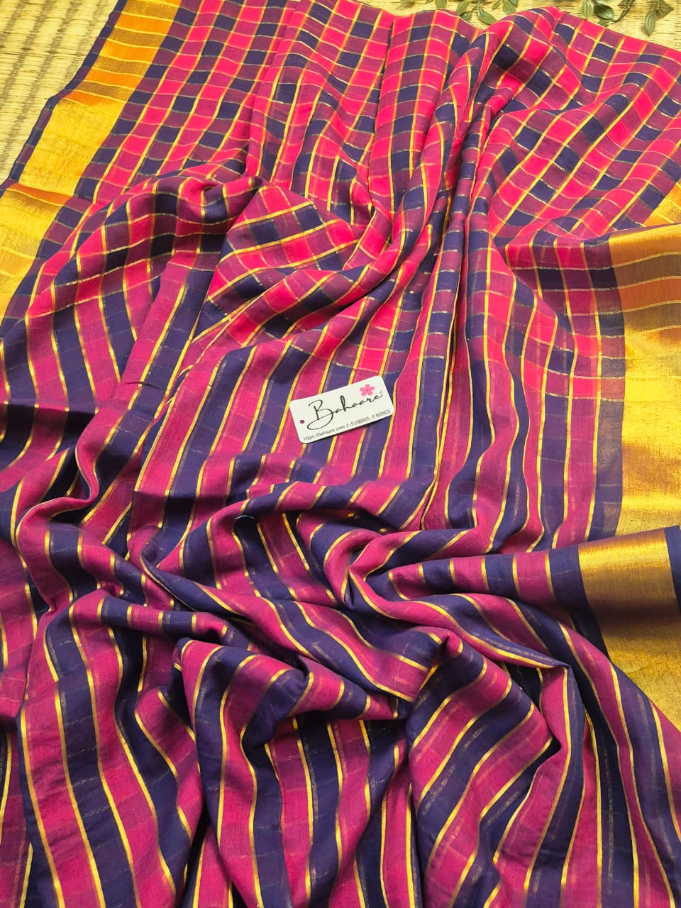 Noor | Purple and Rani Pink Check Mul Mul Cotton Saree with Golden Zari Border