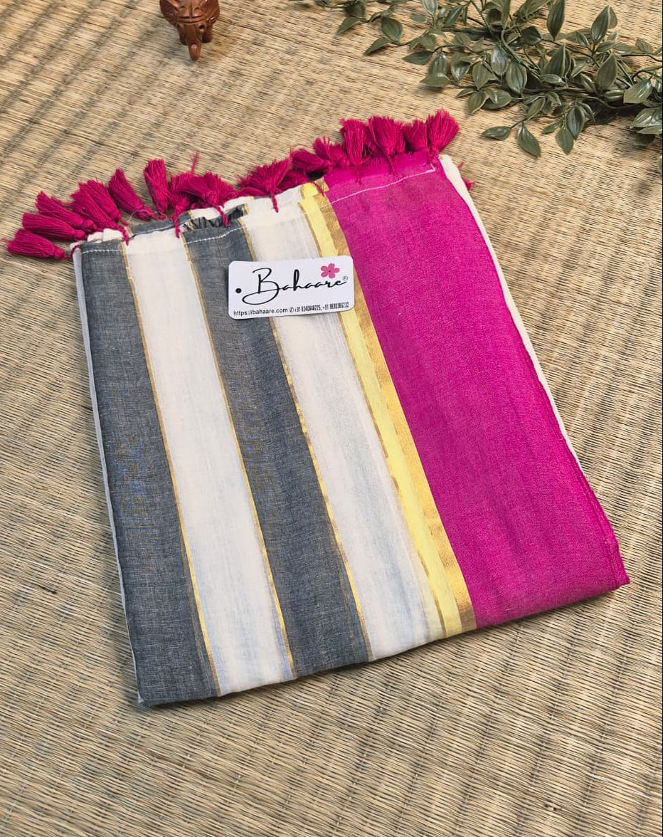 Mohini | Smoky Black and White Mul Mul Cotton Saree with Rani Pink Border