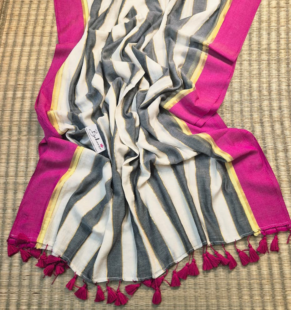 Mohini | Smoky Black and White Mul Mul Cotton Saree with Rani Pink Border