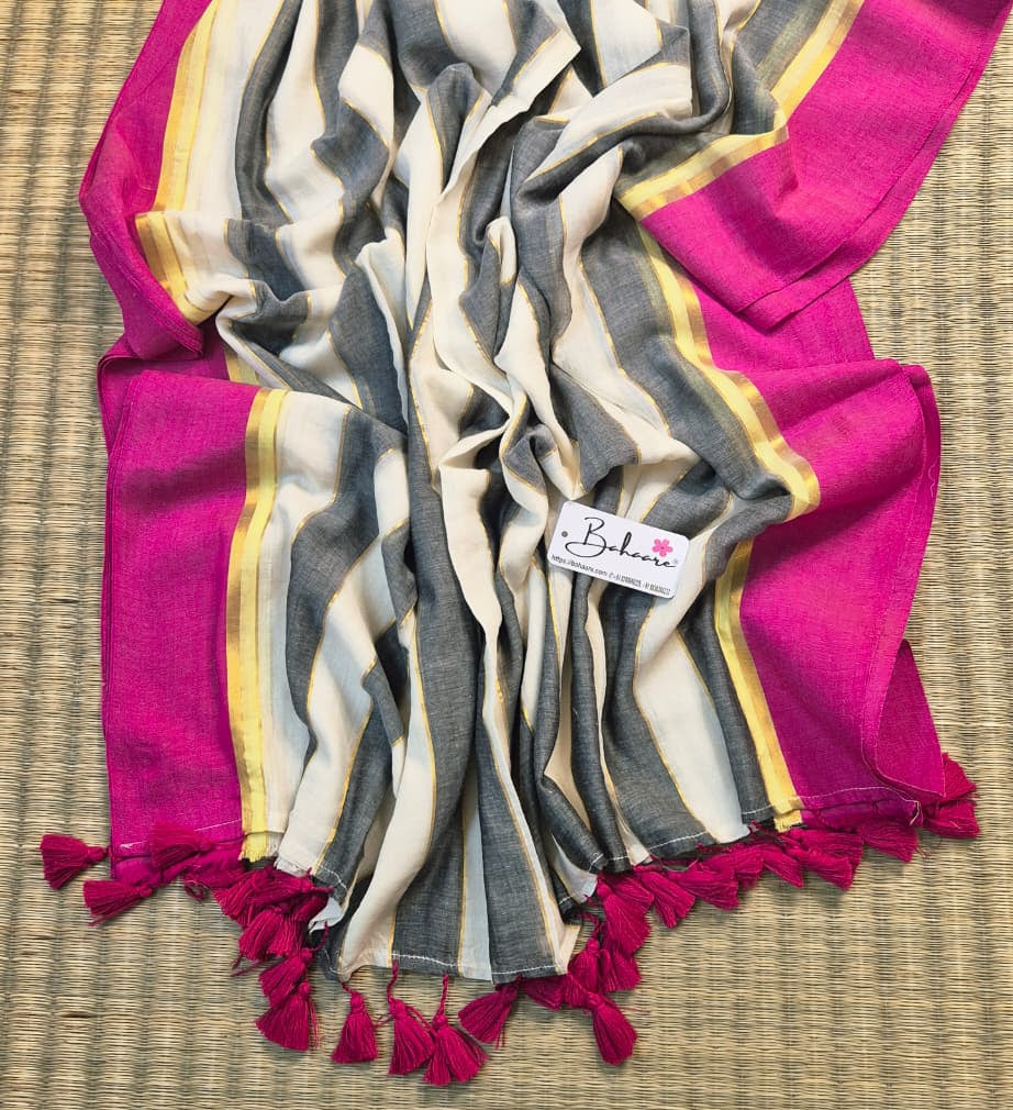 Mohini | Smoky Black and White Mul Mul Cotton Saree with Rani Pink Border