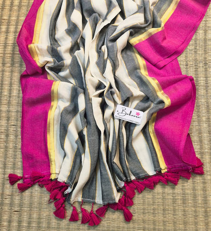Mohini | Smoky Black and White Mul Mul Cotton Saree with Rani Pink Border