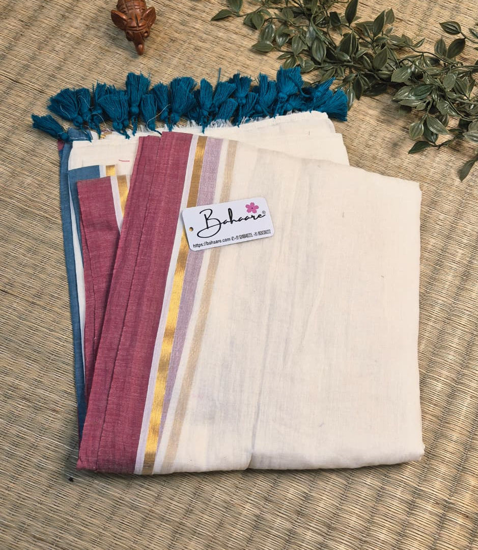 Mohini | Butter Cream Mul Mul Cotton Saree with Ganga Jamuna Border