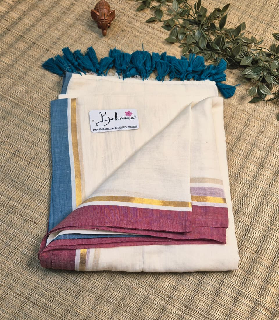 Mohini | Butter Cream Mul Mul Cotton Saree with Ganga Jamuna Border