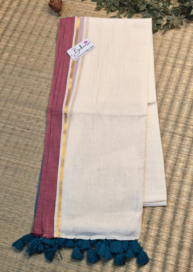 Mohini | Butter Cream Mul Mul Cotton Saree with Ganga Jamuna Border