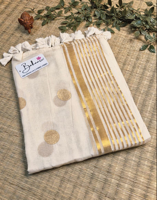 Polka Passion | Sandal Ivory Mul Mul Cotton Saree with Golden Polka Dots
