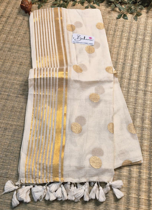 Polka Passion | Sandal Ivory Mul Mul Cotton Saree with Golden Polka Dots