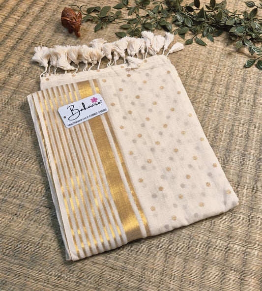 Polka Passion | Meenakshi Cream Mul Mul Cotton Saree with Golden Polka Dots