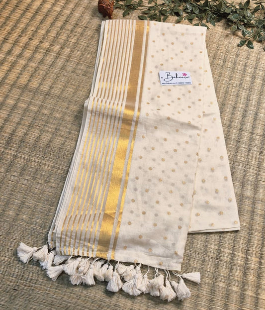 Polka Passion | Meenakshi Cream Mul Mul Cotton Saree with Golden Polka Dots