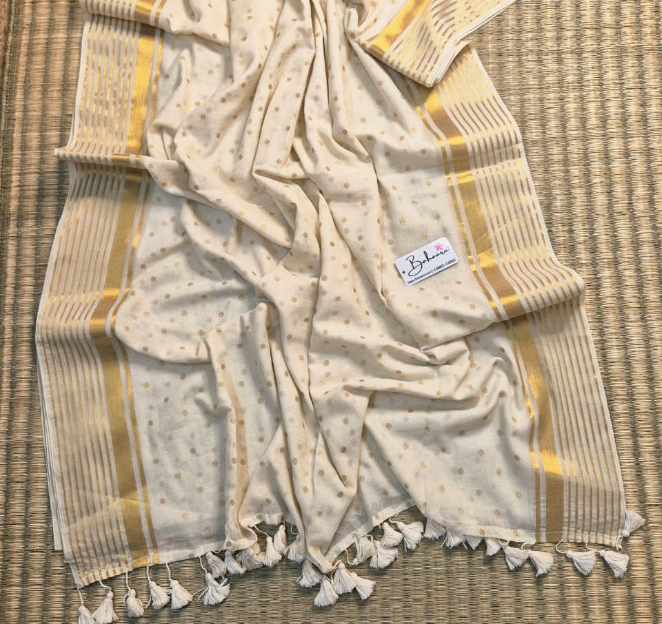 Polka Passion | Meenakshi Cream Mul Mul Cotton Saree with Golden Polka Dots