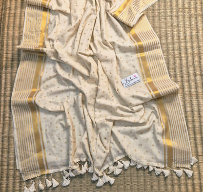 Polka Passion | Meenakshi Cream Mul Mul Cotton Saree with Golden Polka Dots