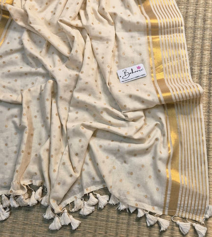 Polka Passion | Meenakshi Cream Mul Mul Cotton Saree with Golden Polka Dots