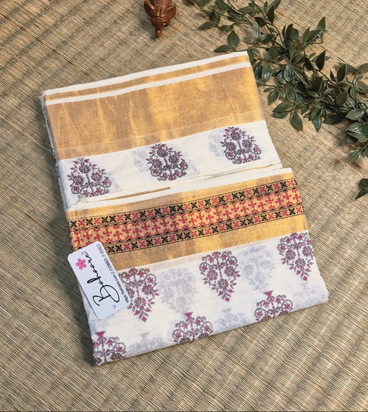 Cotton Galleria | Ivory Maroon Kerala Kasavu Cotton Saree with Kalka Motif