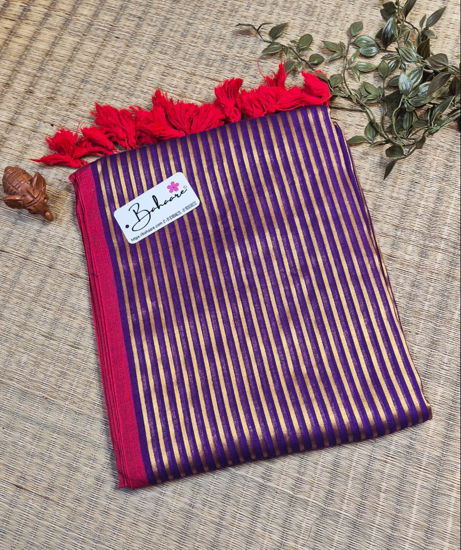 Noor | Royal Jamuni Purple Mul Mul Cotton Saree with Golden Zari Stripe
