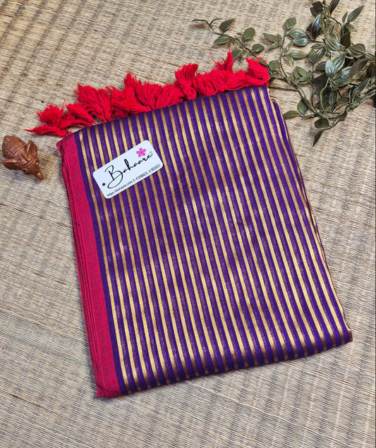 Noor | Royal Jamuni Purple Mul Mul Cotton Saree with Golden Zari Stripe