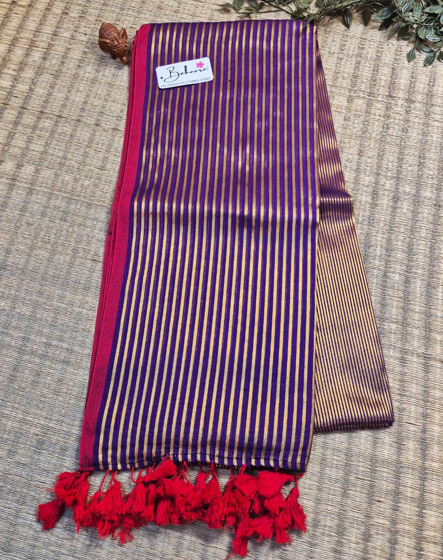 Noor | Royal Jamuni Purple Mul Mul Cotton Saree with Golden Zari Stripe