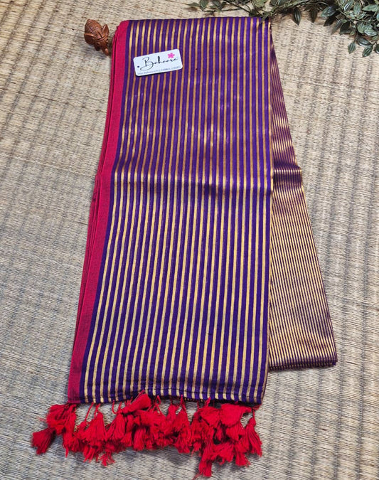 Noor | Royal Jamuni Purple Mul Mul Cotton Saree with Golden Zari Stripe