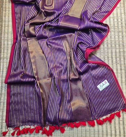 Noor | Royal Jamuni Purple Mul Mul Cotton Saree with Golden Zari Stripe