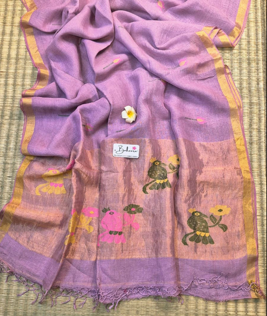 Woodland Whispers | Lavender Jayshree Linen Saree with Paithani Motif