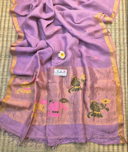 Woodland Whispers | Lavender Jayshree Linen Saree with Paithani Motif