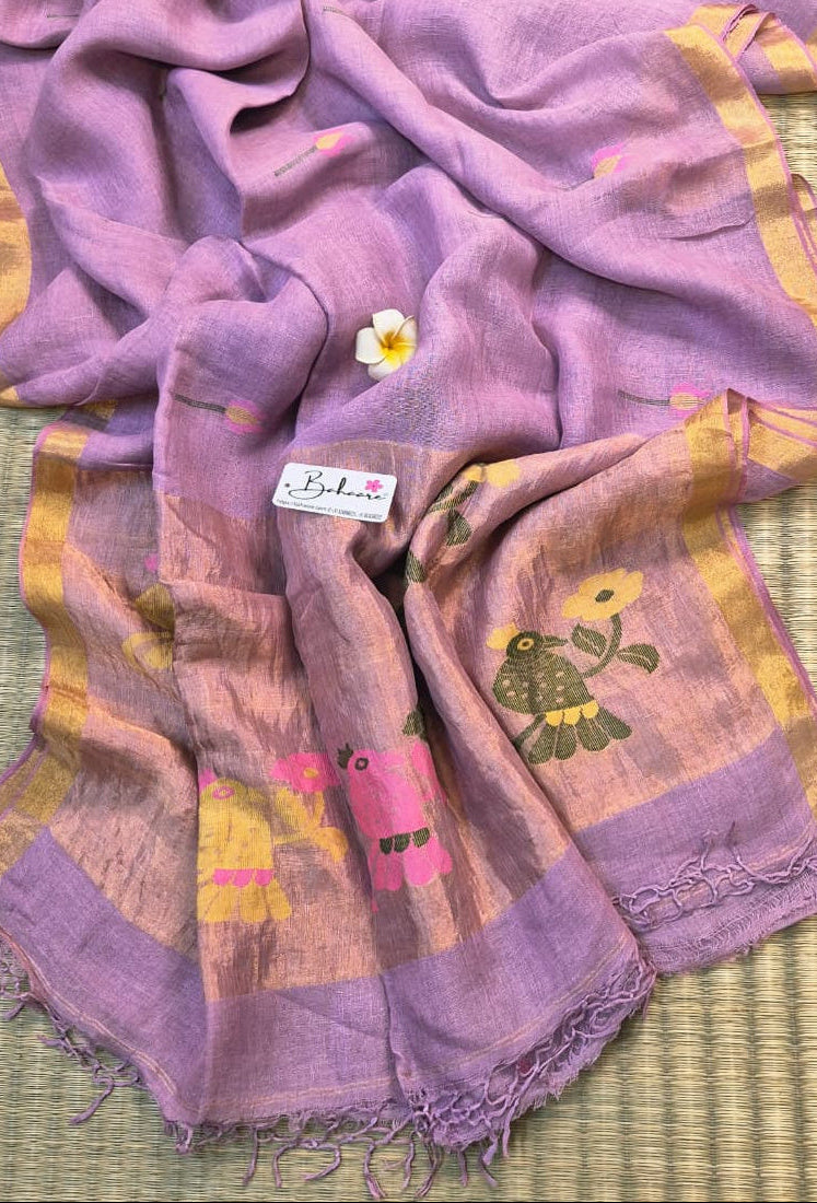 Woodland Whispers | Lavender Jayshree Linen Saree with Paithani Motif