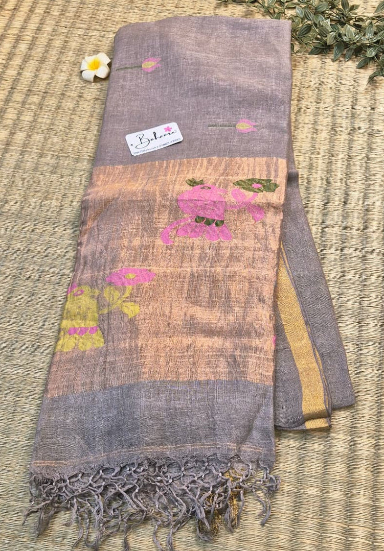 Woodland Whispers | Soft Mink Grey Jayshree Linen Saree with Paithani Motif