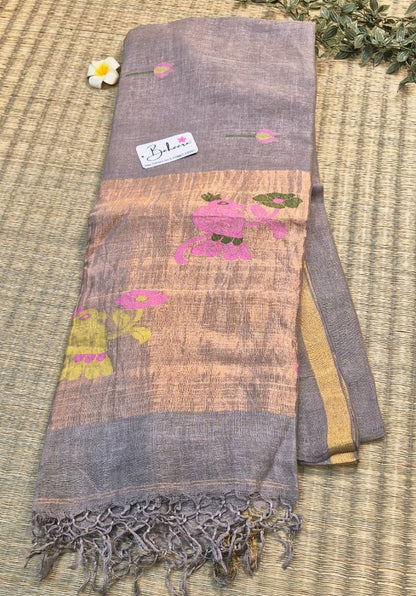 Woodland Whispers | Soft Mink Grey Jayshree Linen Saree with Paithani Motif