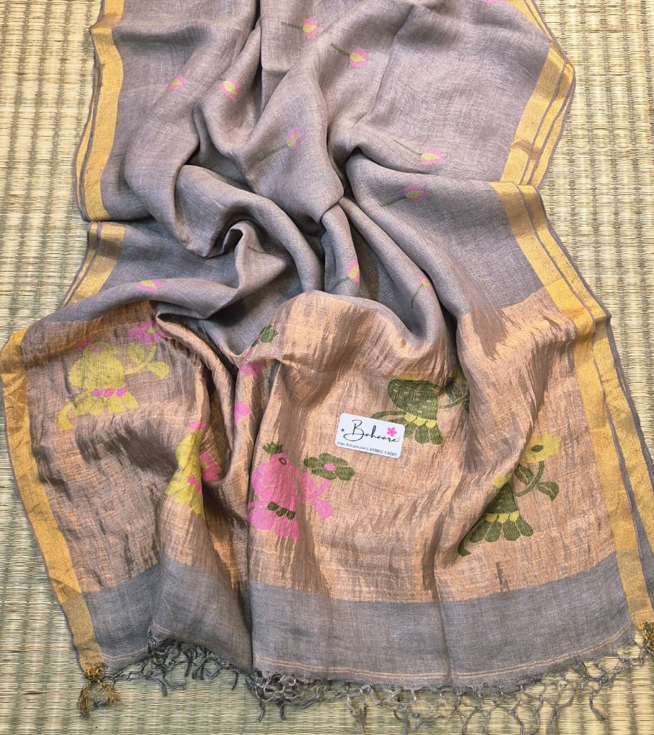 Woodland Whispers | Soft Mink Grey Jayshree Linen Saree with Paithani Motif