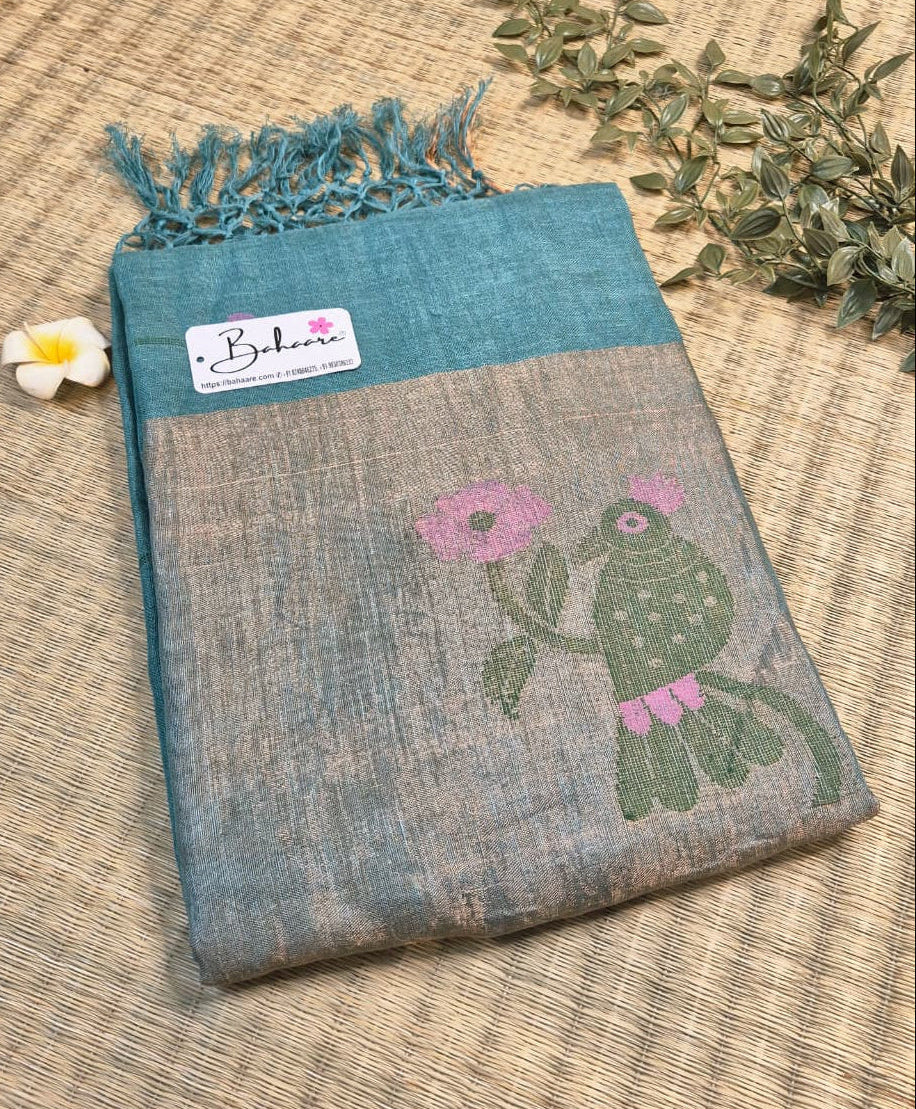 Woodland Whispers | Teal Green Jayshree Linen Saree with Paithani Motif