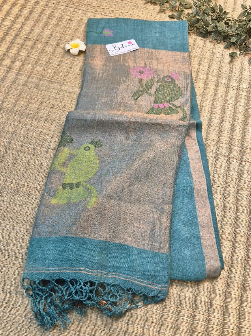 Woodland Whispers | Teal Green Jayshree Linen Saree with Paithani Motif