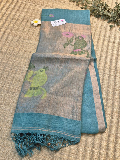 Woodland Whispers | Teal Green Jayshree Linen Saree with Paithani Motif