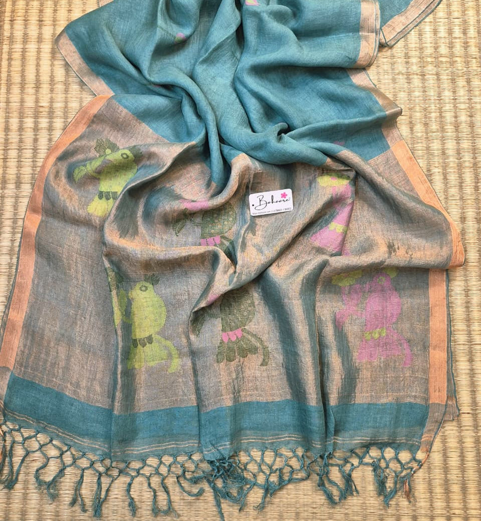 Woodland Whispers | Teal Green Jayshree Linen Saree with Paithani Motif