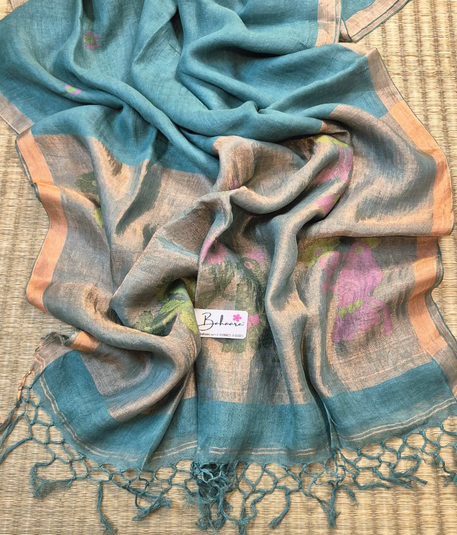 Woodland Whispers | Teal Green Jayshree Linen Saree with Paithani Motif