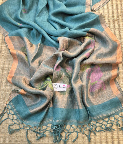 Woodland Whispers | Teal Green Jayshree Linen Saree with Paithani Motif