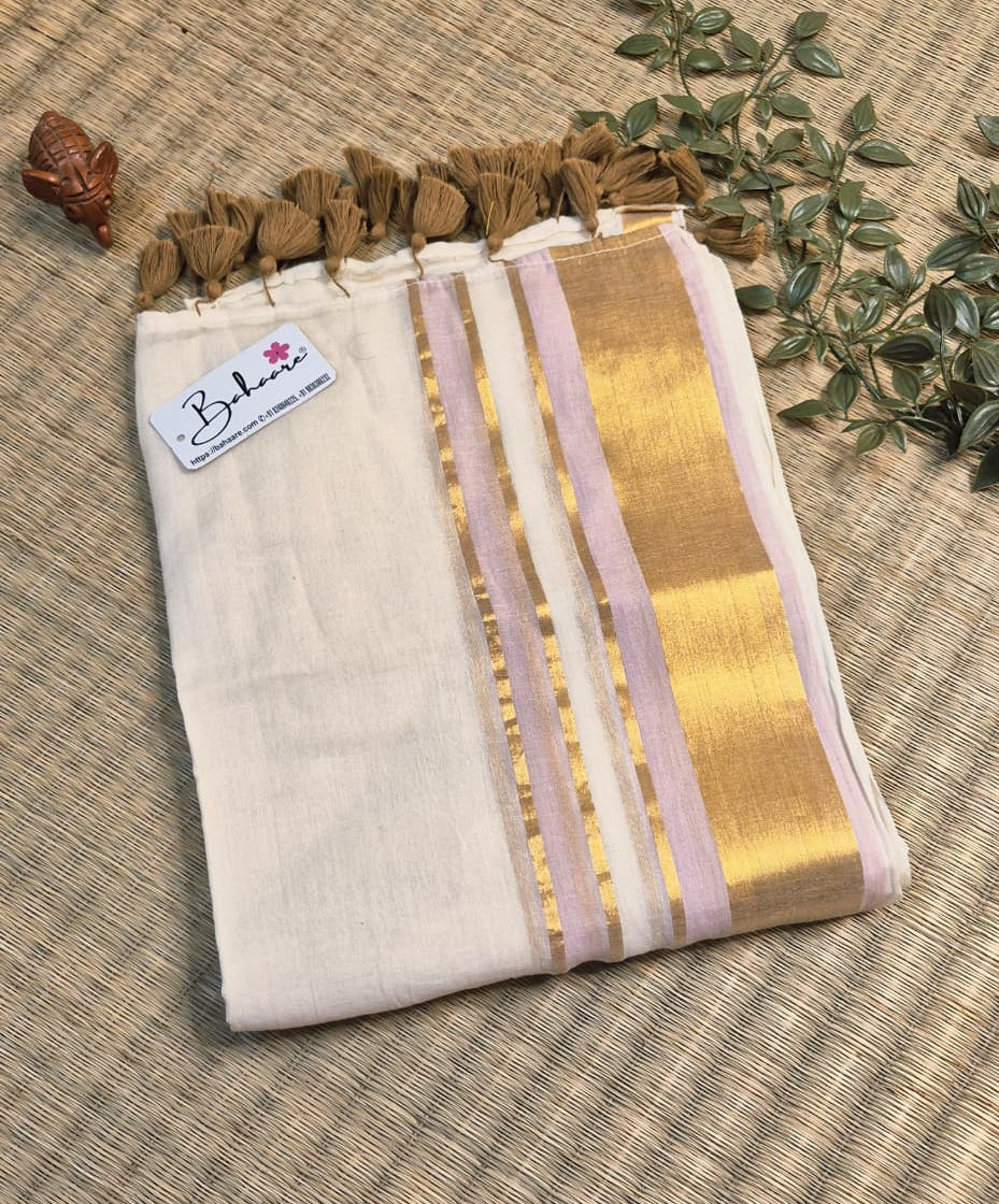 Noor | Malabar Ivory Mul Mul Cotton Saree with Golden Zari Border