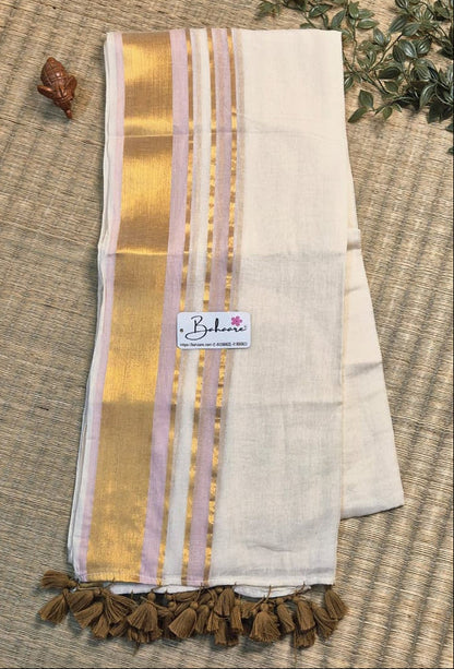 Noor | Malabar Ivory Mul Mul Cotton Saree with Golden Zari Border