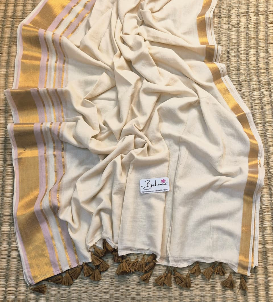 Noor | Malabar Ivory Mul Mul Cotton Saree with Golden Zari Border